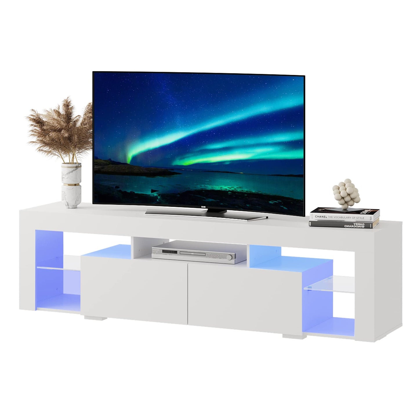 WLIVE LED TV Stand for 55/60/65/70 Inch TV, Modern Entertainment Center with Open Shelves, Wood TV Console with 2 Storage Drawers for Bedroom, Living Room, Gaming Media Stand with Display Glass, White