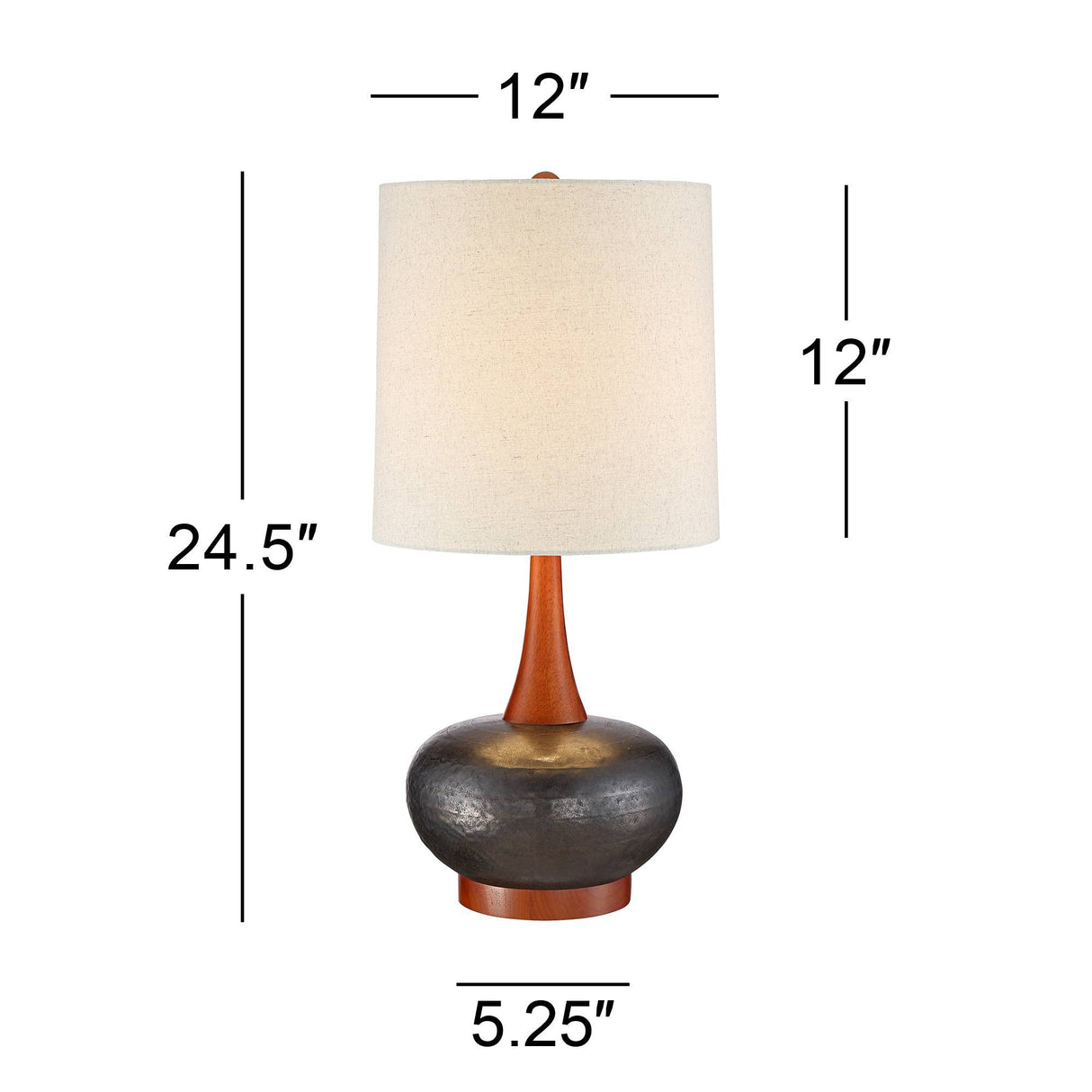 360 Lighting Andi Mid Century Modern Table Lamp 24.5" High Hammered Bronze Ceramic Wood Off White Tall Drum Shade for Living Room Bedroom House Bedside Nightstand Home Office (Color May Vary) 360 Lighting