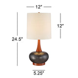 360 Lighting Andi Mid Century Modern Table Lamp 24.5" High Hammered Bronze Ceramic Wood Off White Tall Drum Shade for Living Room Bedroom House Bedside Nightstand Home Office (Color May Vary) 360 Lighting