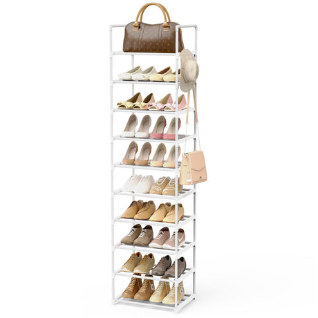 WEXCISE Metal Rack Organizer 10 Tiers Tall for 20-24 Pairs - Narrow Shoe Racks for Closets Entryway - Vertical Boots Organizer Storage - Sturdy White Shelf Cabinet WEXCISE