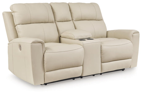 Signature Design by Ashley Dahlmoore Contemporary Leather Match Power Reclining Loveseat with Console and USB Ports, Beige Signature Design by Ashley