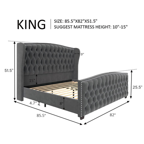 AMERLIFE King Size Platform Bed Frame, Velvet Upholstered Bed with Deep Button Tufted & Nailhead Trim Wingback Headboard/No Box Spring Needed/Grey AMERLIFE