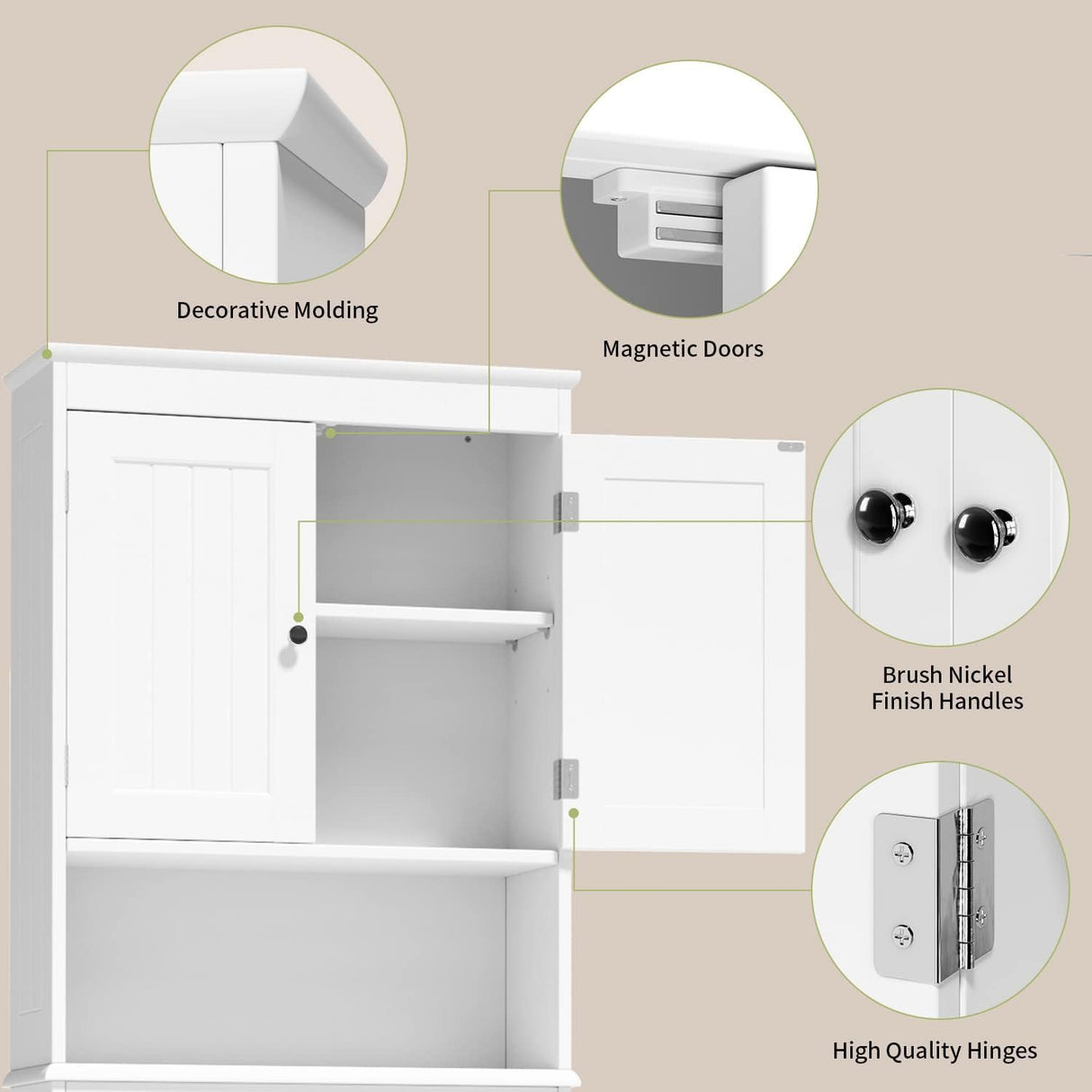 Gizoon Over The Toilet Storage Cabinet with Adjustable Shelf and Double Doors, Bathroom Space Saver Organizer Above Toilet with Open Shelf, Taller Wooden Free Standing Toilet Rack -White Gizoon