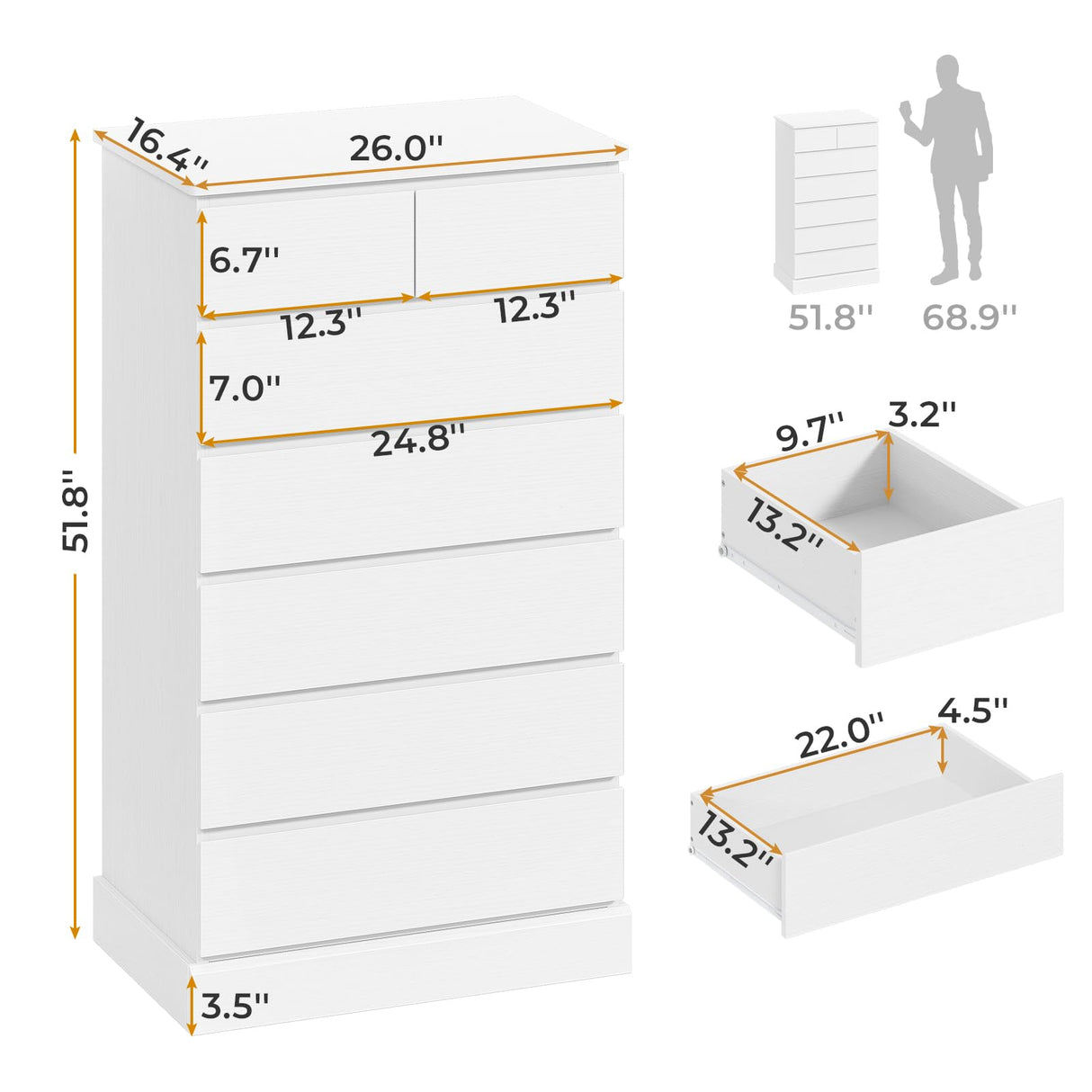 Hasuit Tall Dresser with 7 Drawers for Bedroom, 51.8'' High Chest of Drawers Storage Organizer for Closet, Modern Taller Clothes Storage Tower with Ample Storage Space Hasuit