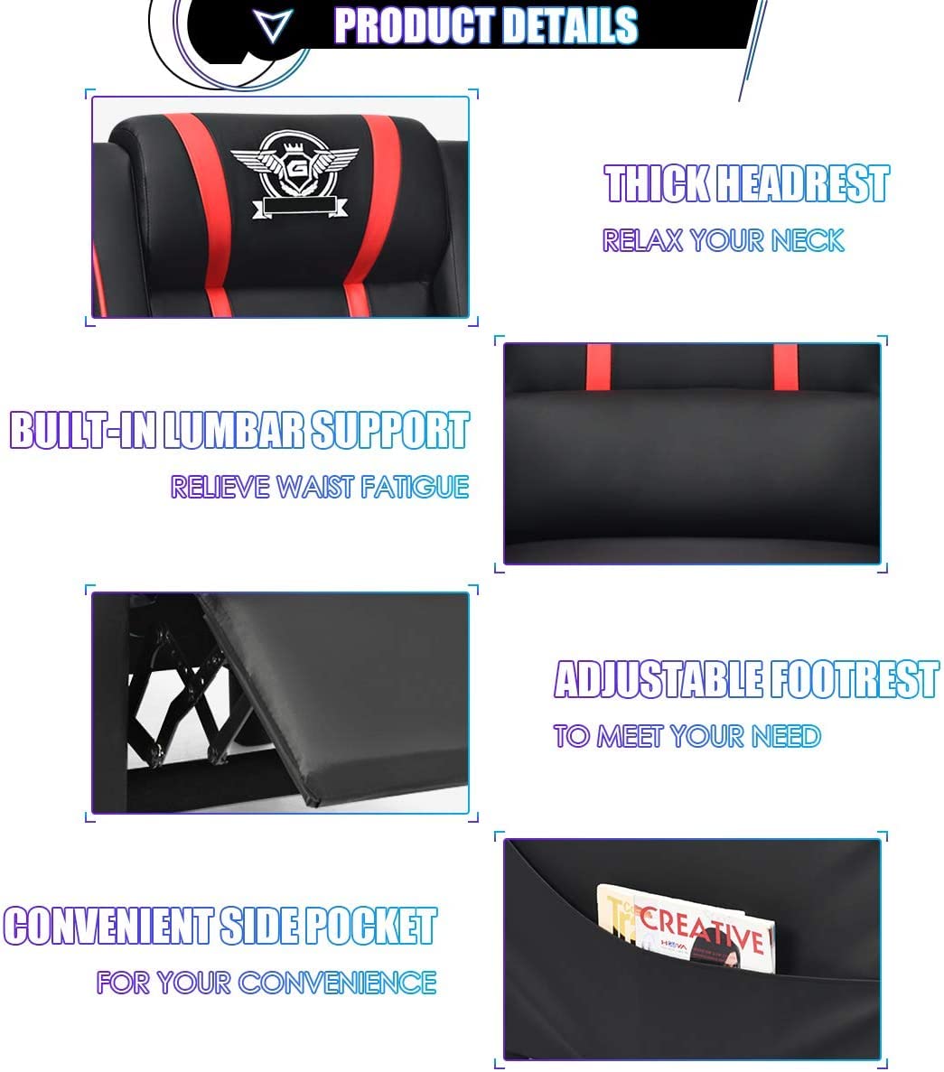 BUSHLY Adjustable Gaming Recliner Chair, Racing Style Massage Single Sofa with Headrest & Lumbar Pillow, PU Leather Video Recliner for Home, Movie Theater, Living Room, Game Room (Red) WoodArtSupply