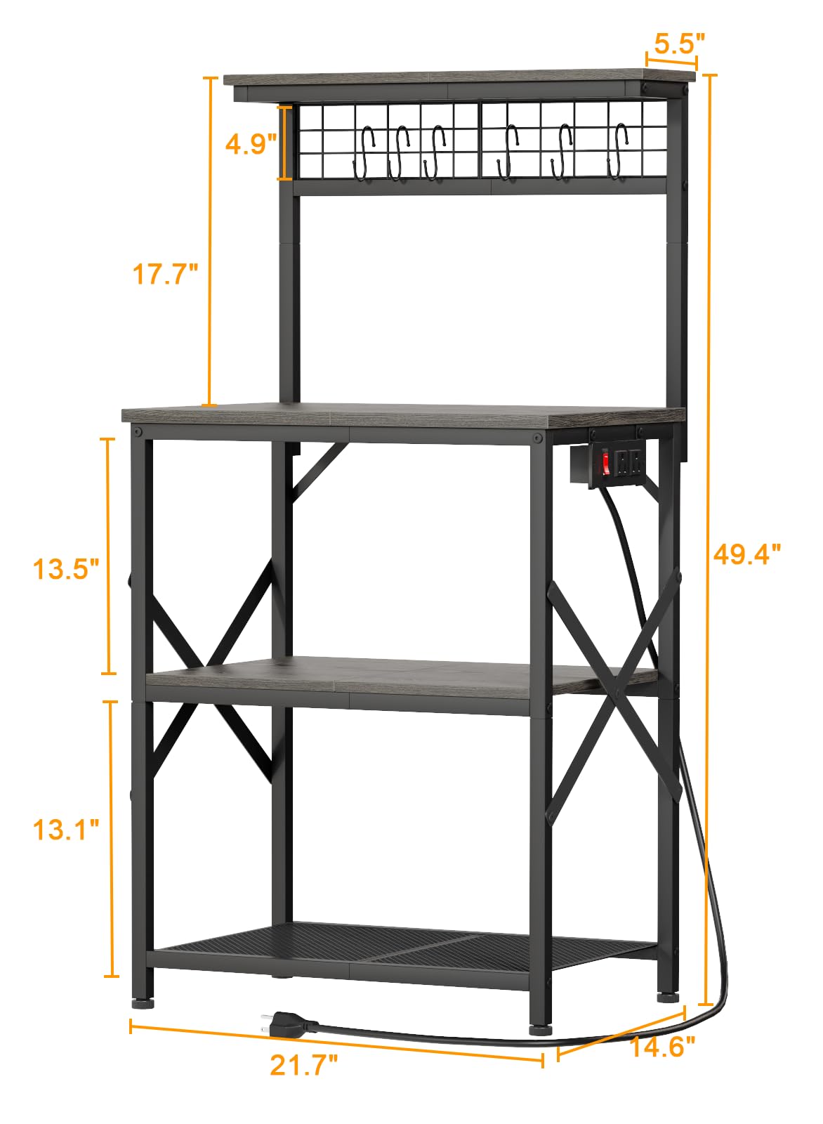 Furologee 4-Tier Kitchen Bakers Rack with Power Outlet & Storage – Black Oak Microwave Stand with S Hooks - WoodArtSupply