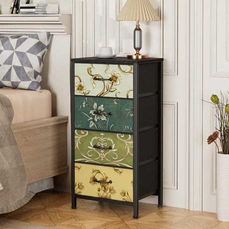 Furnulem 4 Drawer Dresser, Vertical Nightstand for Kids, Adult, Fabric Chest of Drawers for Bedroom, Living Room, Closet, Nusery, Storage Tower Unit Retro Style Furniture, Wood Desk Top Furnulem