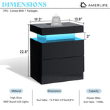 AMERLIFE High Gloss LED Nightstand Set of 2 with Charging Station, Modern Bedside Table Night Stand with LED Lights, Sofa End Side Tables with Drawers for Bedroom Living Room, Black AMERLIFE