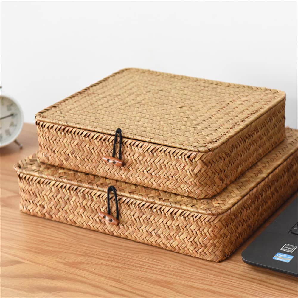 Flat Seagrass Storage Bins with Lid, Wicker Basket for Shelf Organize, Set of 2 (Small+Large) DOKOT