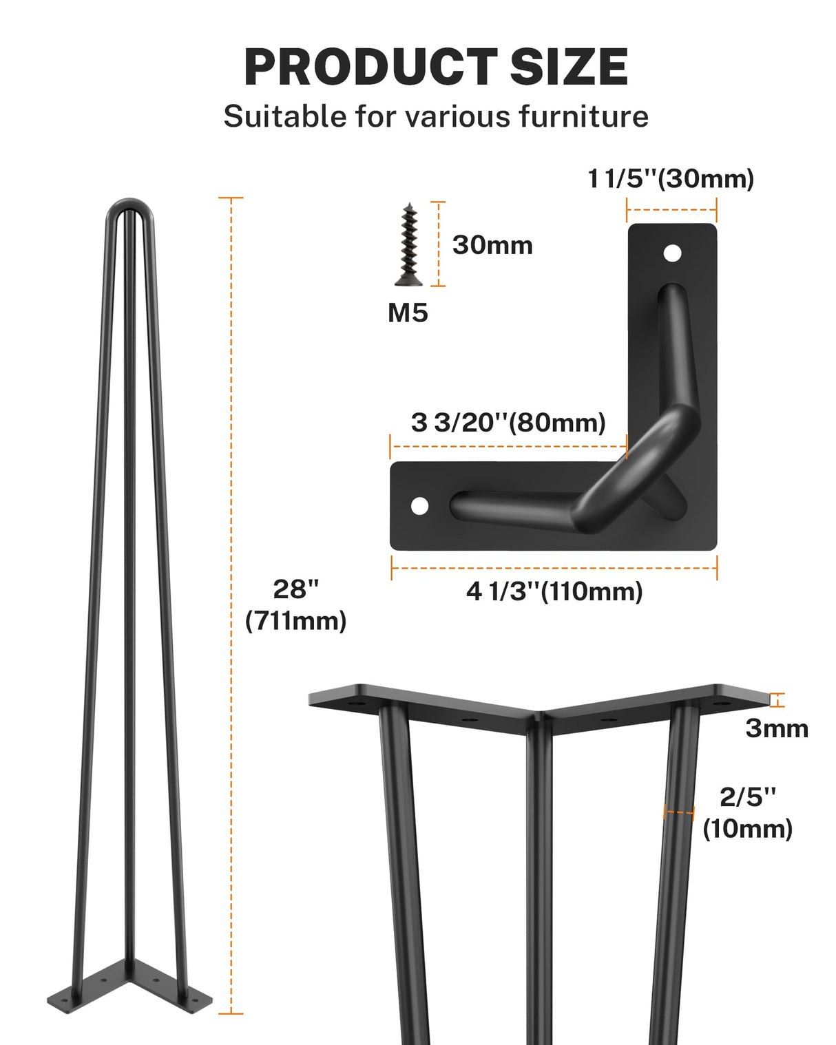 Table Legs 28 Inch, Hairpin Legs 28 Inch, Desk Legs for Furniture with Rubber Floor Protectors, Industrial Style for Coffee Table, Side Table, Dining Table, Bench, 4PCS Black TITECK