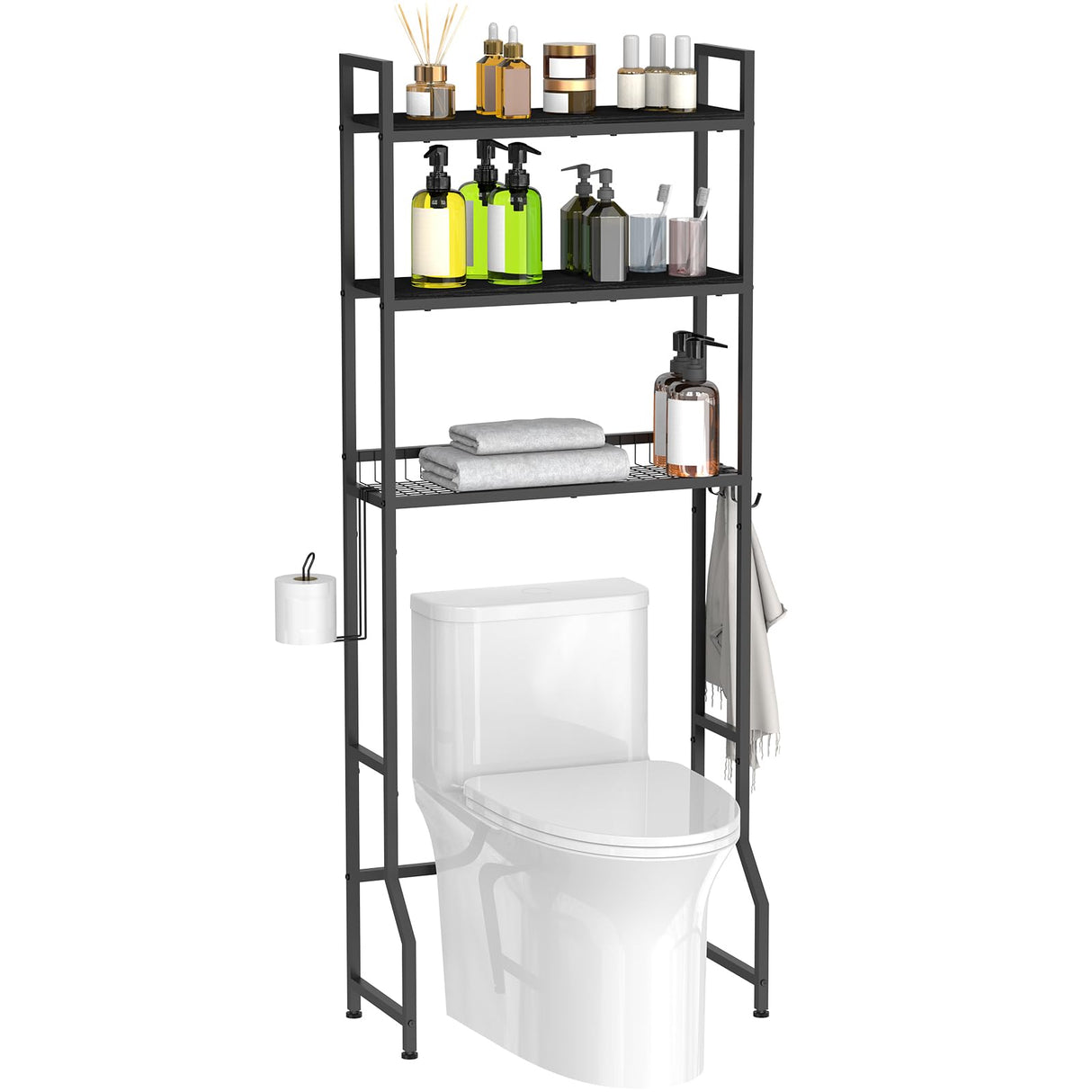 NOVIMANGO Over The Toilet Storage 3 Tier Over Toilet Bathroom Organizer Wooden Bathroom Space Saver Freestanding Above Toilet Stand with 4 Hooks Black Over The Toilet Rack for Restroom, Laundry NOVIMANGO