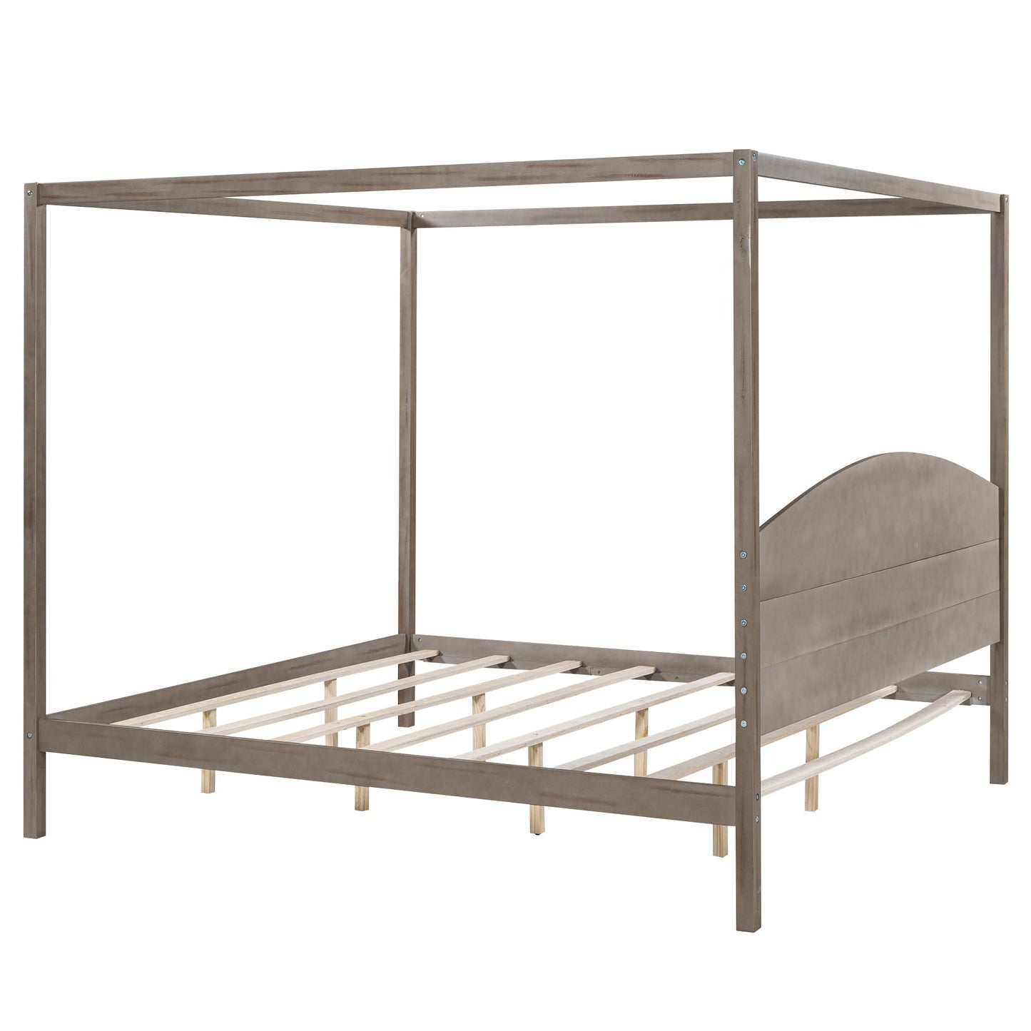 Harper & Bright Designs Brown Wash King Canopy Bed Frame with Headboard & Support Legs - WoodArtSupply