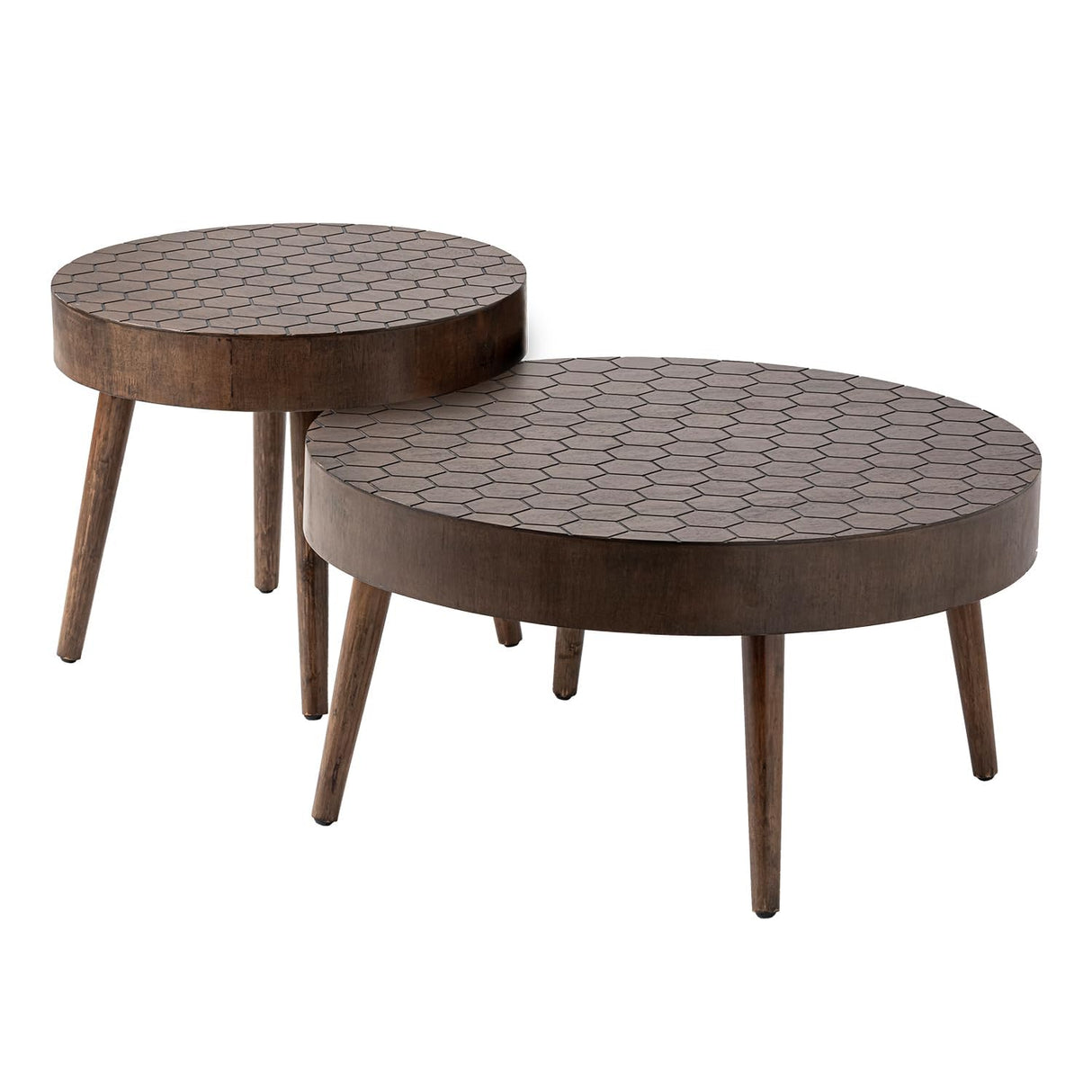 COSIEST Round Coffee Table Set of 2, Nesting Table with Honeycomb Pattern, Modern End Table Set of 2, Wood Cocktail Table for Living Room, Farmhouse, Brown COSIEST