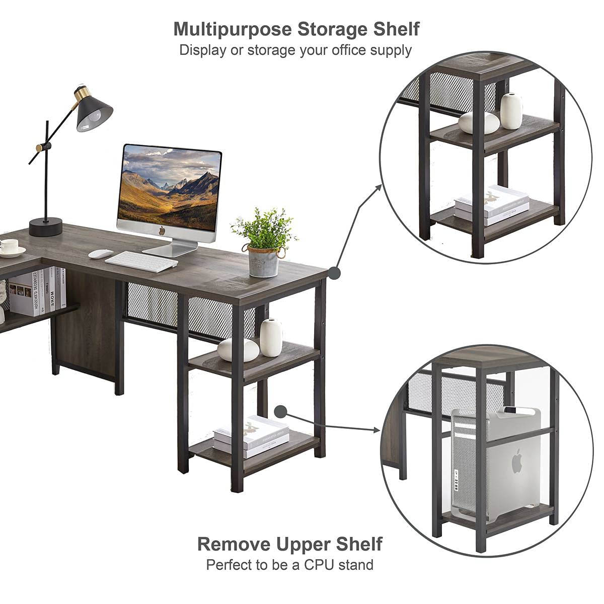 FATORRI L Shaped Computer Desk, Industrial Home Office Desk with Shelves, Reversible Wood and Metal Corner Desk (Walnut Brown, 59 Inch) FATORRI