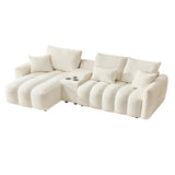 KEIKI 92" Chenille Sofa, 3 Seat Upholstered Couch with Center Console, USB Ports, Coffee Table, Deep Seat Couch for Living Room Bedroom Office Apartment, Off White KEIKI