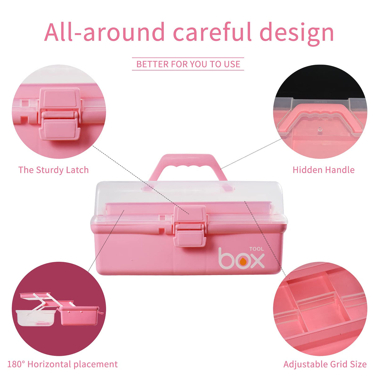 TERGOO 12in Three-Layer Multipurpose Storage Box, Folding Tool Box/Art & Crafts Case/Sewing Supplies Organizer/Medicine Box/Family First Aid Box with 2 Trays (Pink) TERGOO