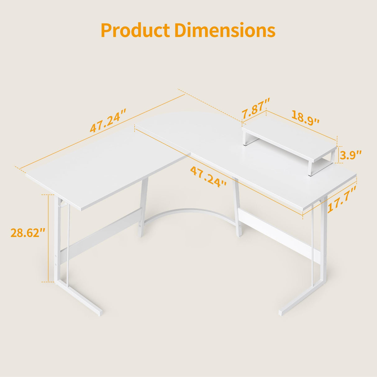 Cubiker L Shaped Desk, Computer Corner Desk, Gaming Desk with Monitor Stand, Home Office Study Writing Workstation, Space-Saving（47 Inch White） Cubiker