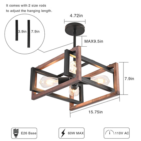 HuisMier 4-Light Farmhouse Ceiling Light Fixtures, Rustic Wood and Metal Semi Flush Mount Ceiling Light Black Industrial Chandelier for Dining Room Hallway Kitchen Entryway Bedroom Living Room HuisMier