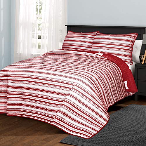 Lush Decor Star Quilt - Reversible 2 Piece Pattern Striped Bedding Set with Pillow Sham - Twin - Red Lush Decor