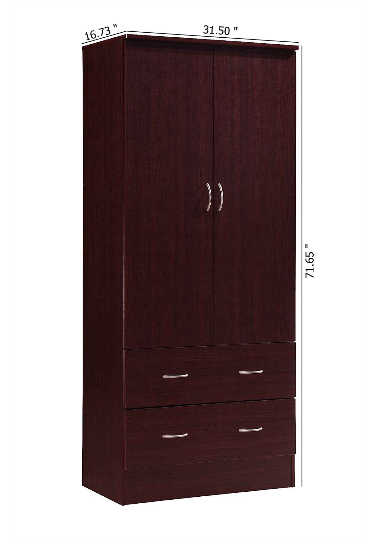 HODEDAH 2 Door Wood Wardrobe Bedroom Closet with Clothing Rod inside Cabinet and 2 Drawers for Storage, Mahogany Hodedah