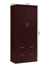 HODEDAH 2 Door Wood Wardrobe Bedroom Closet with Clothing Rod inside Cabinet and 2 Drawers for Storage, Mahogany Hodedah