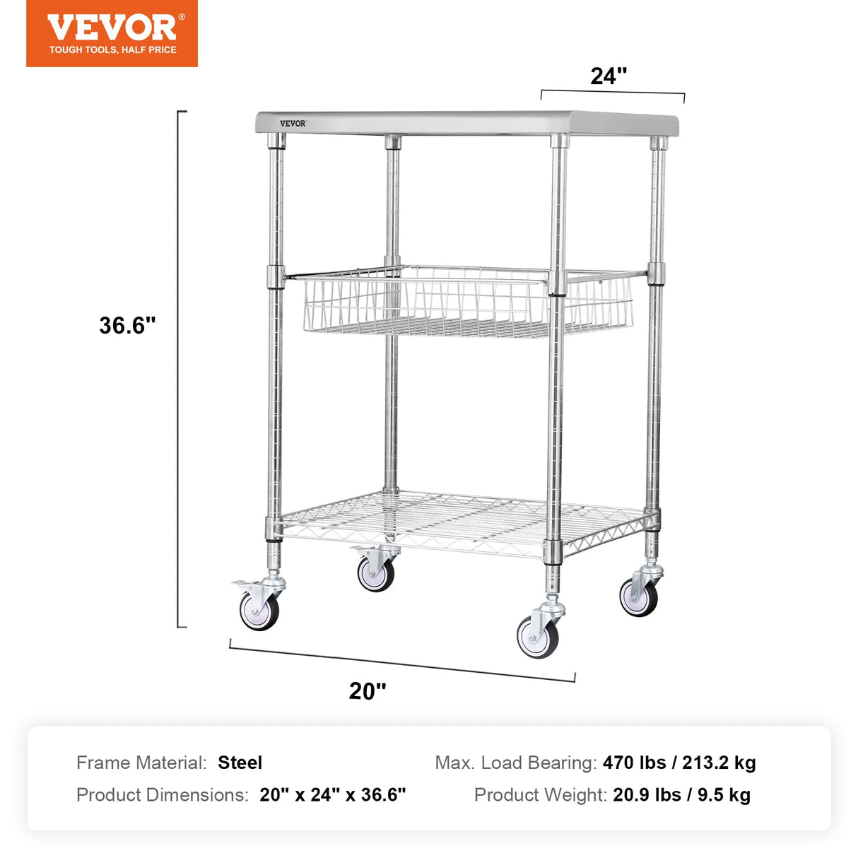 VEVOR Kitchen Utility Cart, 36.6"x20"x24" 3 Tiers Wire Rolling Cart, 470LBS Capacity Steel Service Cart with Brake Wheels, Storage Trolley with 76mm Basket PP Liner 6 Hooks, for Indoor & Outdoor Use VEVOR