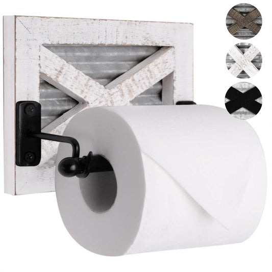 Autumn Alley White Farmhouse Toilet Paper Holder Wall - Farmhouse Bathroom Decorative Accessories Country - White Washed Wood, Galvanized Metal & Matte Black Metal - Adds Rustic Bathroom Charm