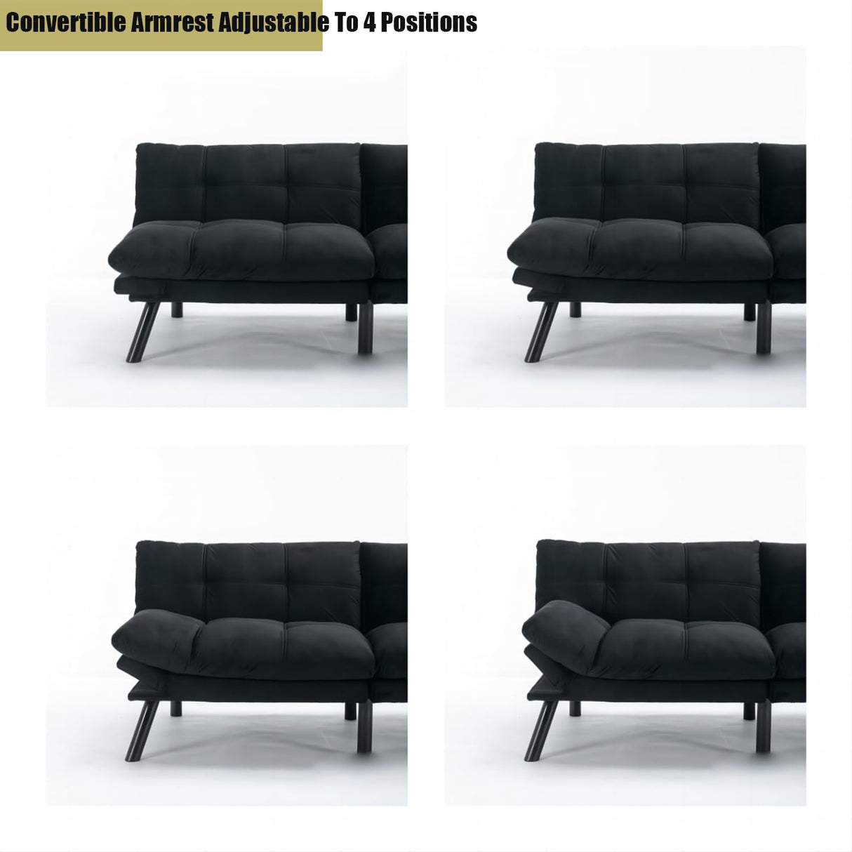 Modern Velvet Convertible Folding Futon Couch Sofa Bed Adjustable Pillow Top Arm Memory Foam Couch Double Loveseat Sofa for Compact Living Space,Dorm,Game Studio,Apartment,Bedroom (Black) Klwenas Maec