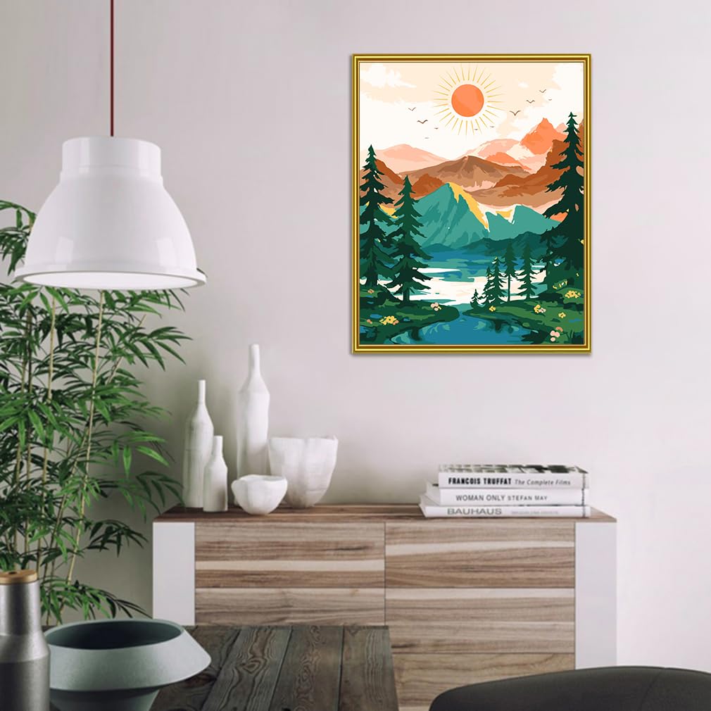 Yunnuo Landscape Paint by Numbers Kit for Adults Beginner, Sun & Mountain Paint by Number Canvas,Acrylic Abstract Paint with Numbers for with 3 Pcs Paintbrushes Home Wall Decor Gift (16 x 20 in) Yunnuo