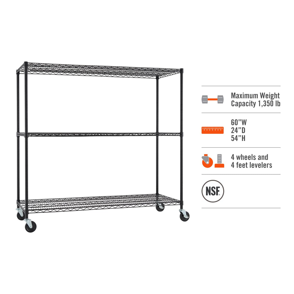 TRINITY Basics 3-Tier Adjustable Wire Shelving with Wheels for Kitchen Organization, Garage Storage, Laundry Room, NSF Certified, 600 to 1350 Pound Capacity, 60” by 24” by 54”, Black TRINITY