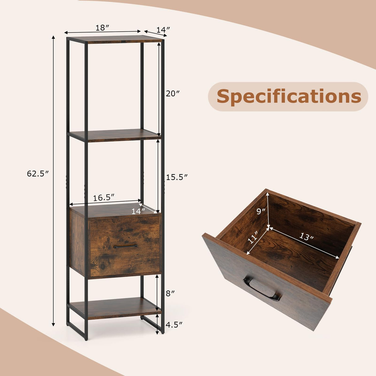 Tangkula 4-Tier Bookshelf with Drawer, 62.5” Tall Narrow Bookcase with Metal Frame & Anti-tip Kits, 4 Open Shelves & Pull-Out Drawer, Modern Slim Display Storage Rack for Living Room Study (2, Brown) Tangkula