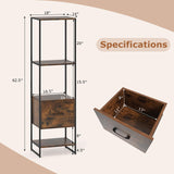 Tangkula 4-Tier Bookshelf with Drawer, 62.5” Tall Narrow Bookcase with Metal Frame & Anti-tip Kits, 4 Open Shelves & Pull-Out Drawer, Modern Slim Display Storage Rack for Living Room Study (2, Brown) Tangkula