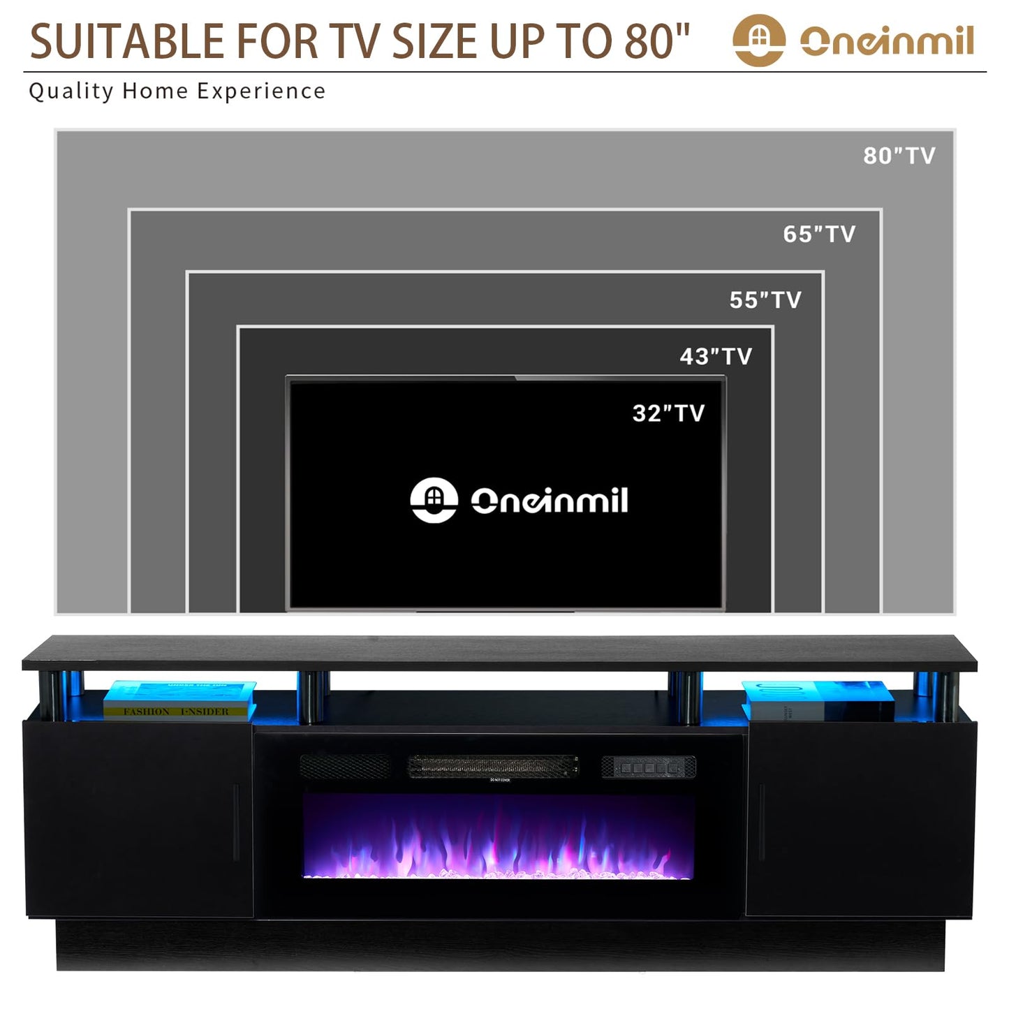 oneinmil 70" Modern Electric Fireplace TV Stand for TVs Up to 80 inch, with Electronic Flame and LED Lights, Luxury High Gloss Finish Entertainment Center, TV Console Cabinet for Living Room, Black