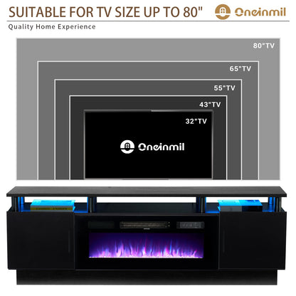 oneinmil 70" Modern Electric Fireplace TV Stand for TVs Up to 80 inch, with Electronic Flame and LED Lights, Luxury High Gloss Finish Entertainment Center, TV Console Cabinet for Living Room, Black