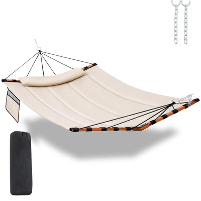TegerDeger 12FT 2 Person Hammock Large Hammock 450LB Capacity with V Shaped Hardwood Spreader Bar & Nylon Rope for Outside, Patio, Garden, Backyard, Beach, Poolside - Beige