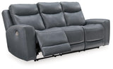 Signature Design by Ashley Mindanao Contemporary Leather Match Upholstered Power Reclining Sofa with Adjustable Headrest and USB Ports, Gray Signature Design by Ashley