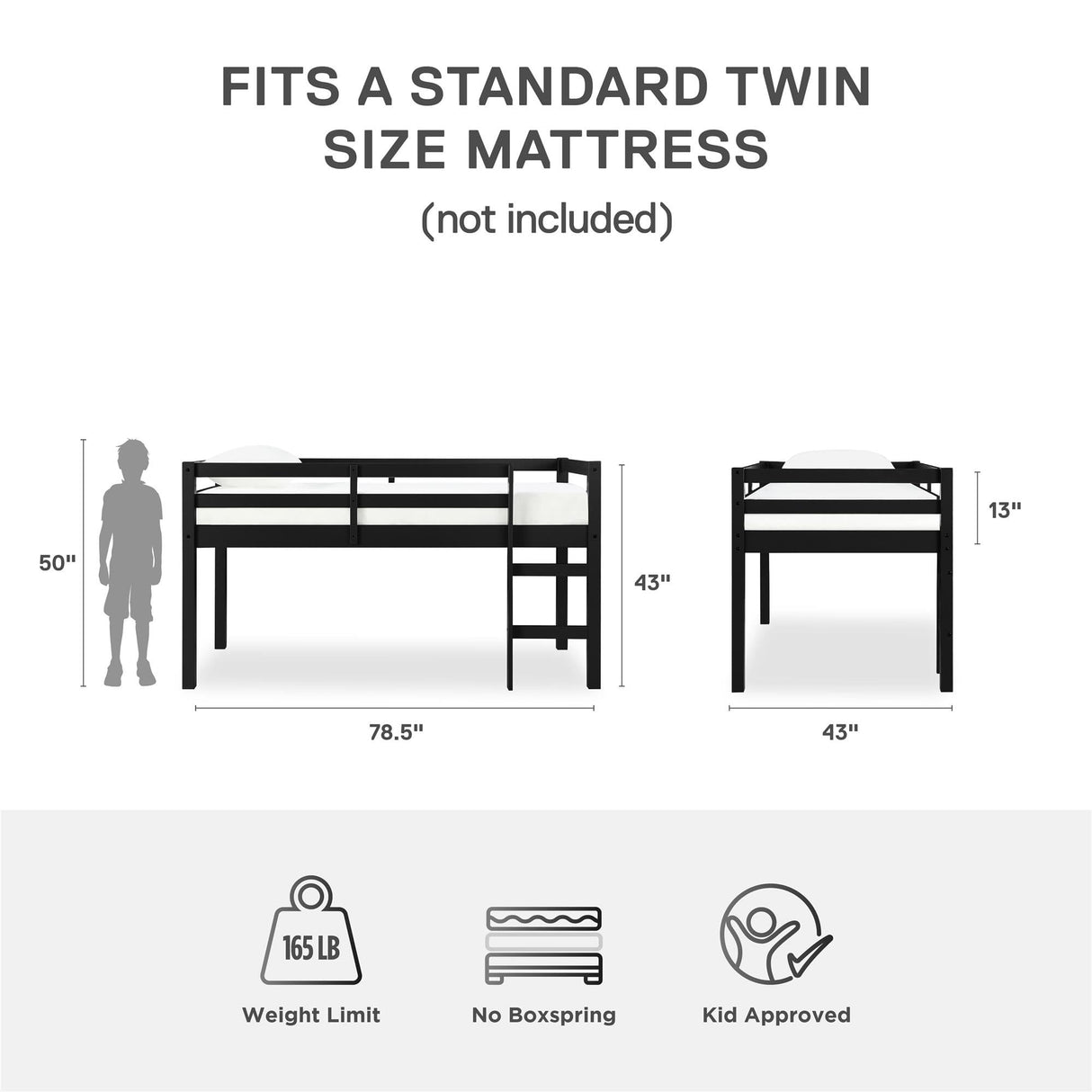 DHP Milton Twin Loft Bed with Safety Guard Rail, Black, Space Saving Junior Size, Pine Wood DHP
