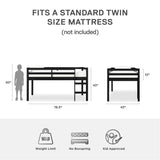 DHP Milton Twin Loft Bed with Safety Guard Rail, Black, Space Saving Junior Size, Pine Wood DHP
