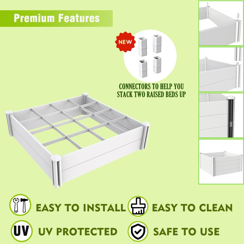 Kdgarden Raised Garden Bed Kit 4'x4' Outdoor Above Ground Planter Box for Growing Vegetables Flowers Herbs, DIY Gardening, Whelping Pen and More, Screwless White Vinyl Garden Bed with Grid Kdgarden