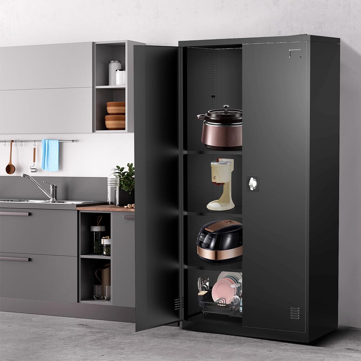 EazeHome Metal Garage Storage Cabinet, 72" Tall Steel File Cabinet with 2 Lockable Doors and Adjustable Shelves, Heavy Duty Tool Cabinet for Garages, Offices, Kitchens, Gyms, Black EazeHome