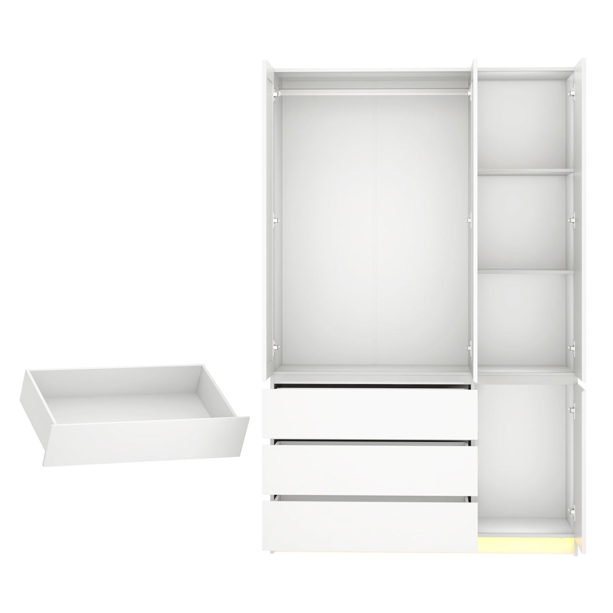 jiteentarou 3 Doors Armoire Wardrobe Closet with 3 Drawers & Mirror, Modern Wooden Bedroom Armoires with Hanging Rod Led Lights for Bedroom, White jiteentarou