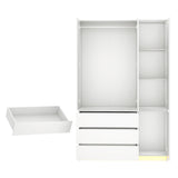 jiteentarou 3 Doors Armoire Wardrobe Closet with 3 Drawers & Mirror, Modern Wooden Bedroom Armoires with Hanging Rod Led Lights for Bedroom, White jiteentarou