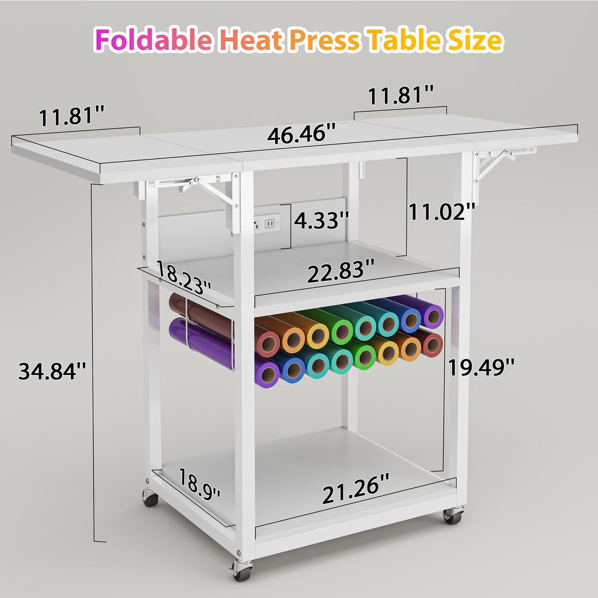 Foldable Heat Press Stand with Charging Station, 3 Tier Movable Heat Press Table with Vinyl Roll Holder, Heavy Duty Metal Shelf Cart for DIY Sublimation Transfer Machine and Printer, White knoworld