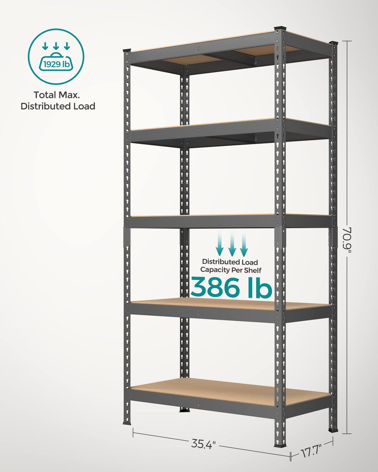 SONGMICS 5-Tier Storage Shelves, Garage Storage, Boltless Assembly, Adjustable Shelving Unit, 17.7 x 35.4 x 70.9 Inches, Load 1929 lb, for Shed Warehouse Basement Kitchen, Gray UGLR450G01 SONGMICS