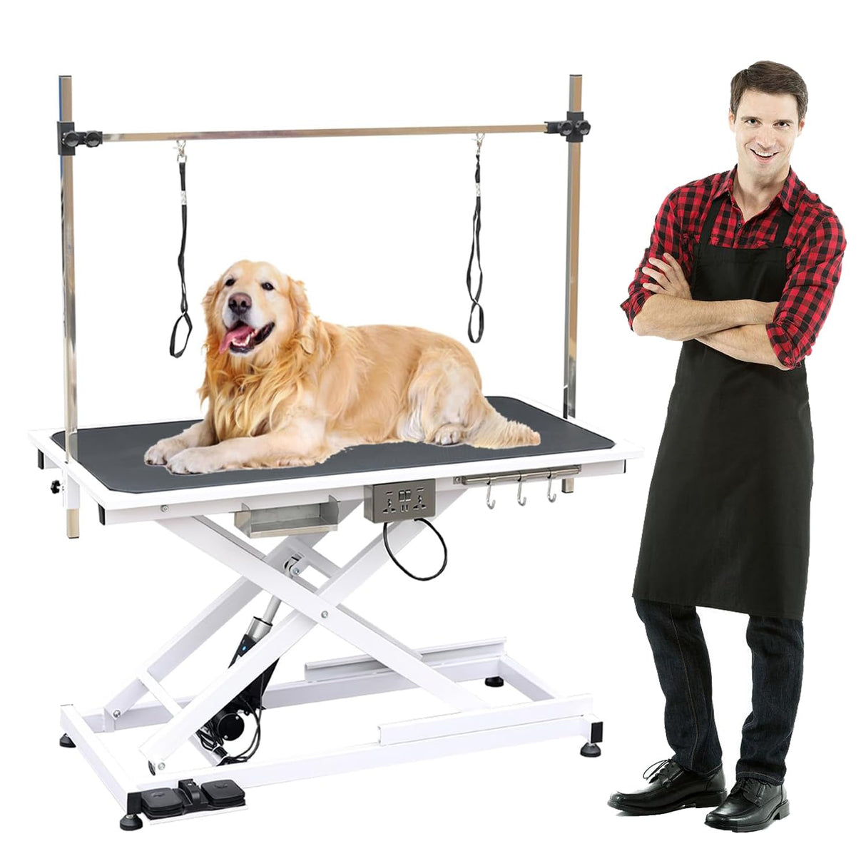 50 inch Professional Electric Dog Grooming Table - Height Adjustable Pet Grooming Table w/Grooming Arm, Anti Slip Tabletop & Powerful Motor, Heavy Duty Dog Grooming Station, White Ufyerutg