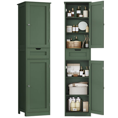 TEENFON Tall Bathroom Cabinet with 2 Doors & 1 Drawer, Narrow Bathroom Storage Cabinet with Adjustable Shelves, for Living Room, Entryway, Kitchen, Forest Green TEENFON