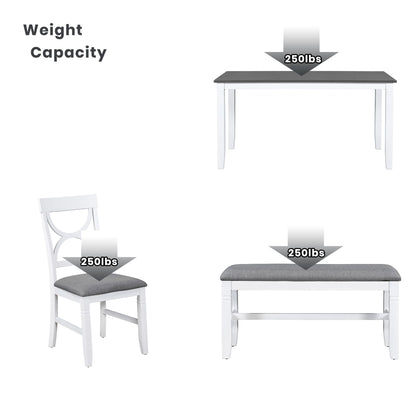 LostCat Dining Table Set, 6-Piece Wood Kitchen Table Set with Upholstered Bench and 4 Dining Chairs, Farmhouse Style Dining Room Table Set for Kitchen, Living Room, White+Grey - WoodArtSupply