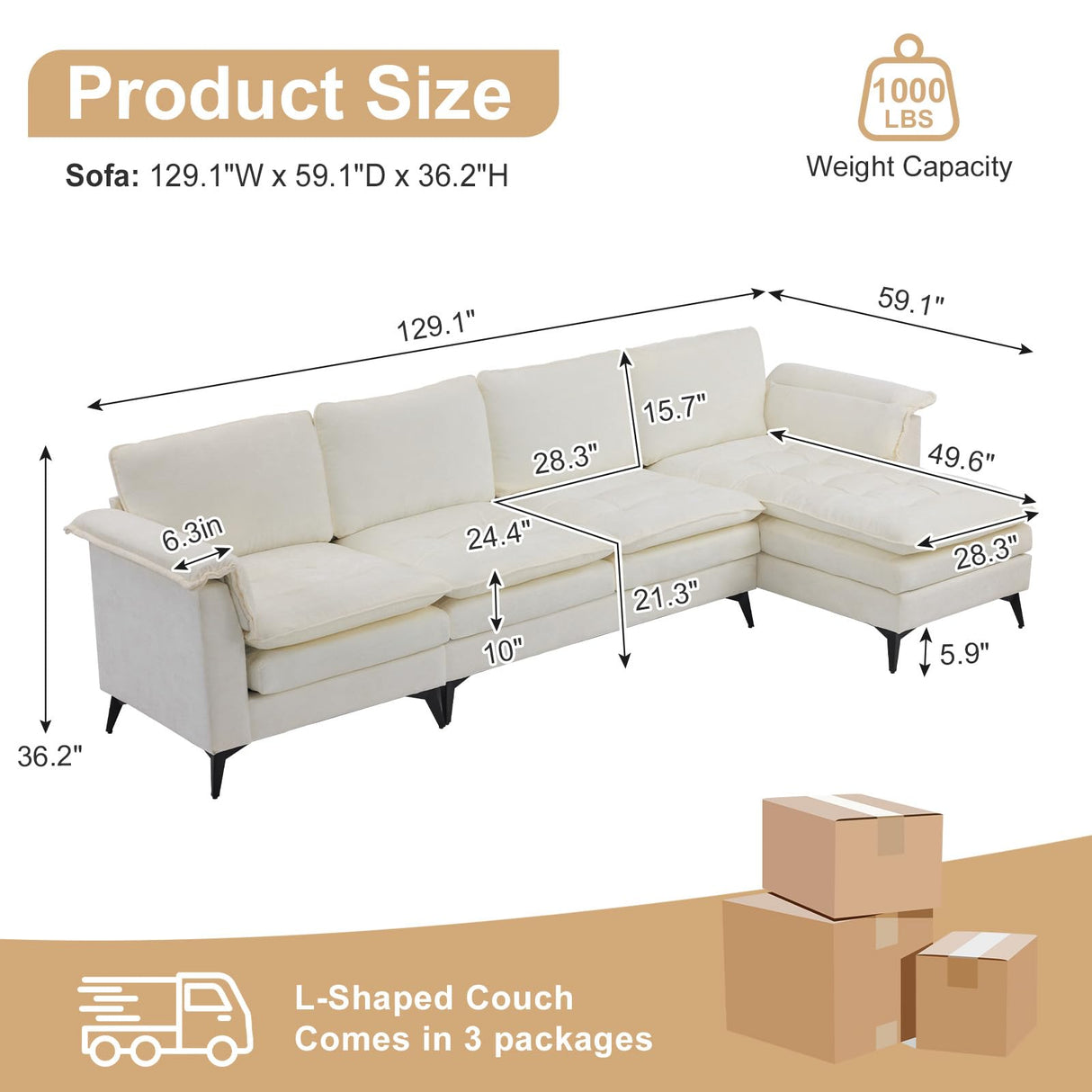 VINGLI 129'' Reversible Sectional Couches for Living Room,L-Shaped Couch Sofa Set with Chaise,Comfy Cloud Couches in Lattice Decored Seat Cushion with Double Pads, Creamy-White VINGLI