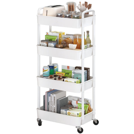 Sywhitta 4-Tier Plastic Rolling Utility Cart with Handle, Multi-Functional Storage Trolley for Office, Living Room, Kitchen, Movable Storage Organizer with Wheels, White Sywhitta