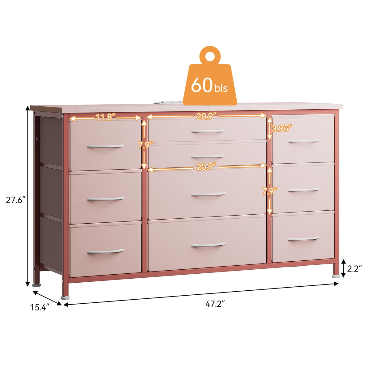 Klysiora 10 Drawer Large Dresser for 55'' Long Tv Cabinet Metal Framed Entertainment Center with Electrical Outlets Fabric Storage Cabinet for Bedroom Entryway Hallway - Pink Klysiora